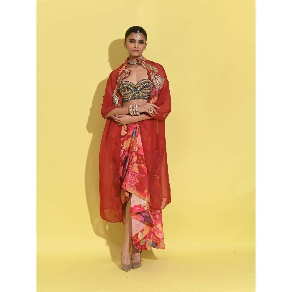 Rishi & Vibhuti Red Ruby Drape Skirt with Blouse and Cape (Set of 3)
