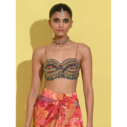 Rishi & Vibhuti Red Ruby Drape Skirt with Blouse and Cape (Set of 3)