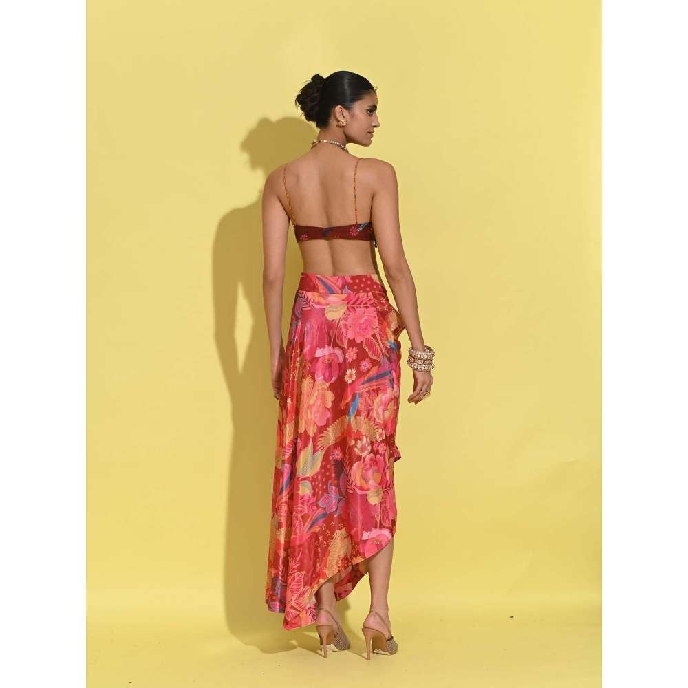 Rishi & Vibhuti Red Ruby Drape Skirt with Blouse and Cape (Set of 3)