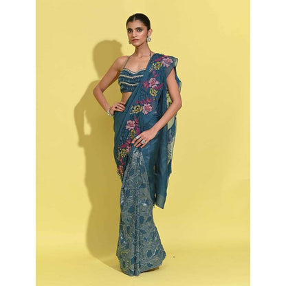 Rishi & Vibhuti Blue Whirl Pre-Draped Saree with Stitched Blouse