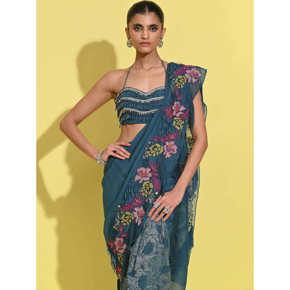 Rishi & Vibhuti Blue Whirl Pre-Draped Saree with Stitched Blouse