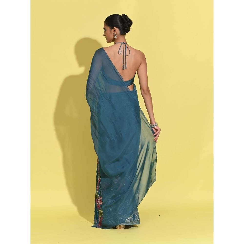 Rishi & Vibhuti Blue Whirl Pre-Draped Saree with Stitched Blouse
