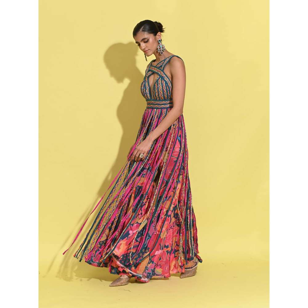 Rishi & Vibhuti Multi-Colour Cascade Top with Flared Pant (Set of 2)