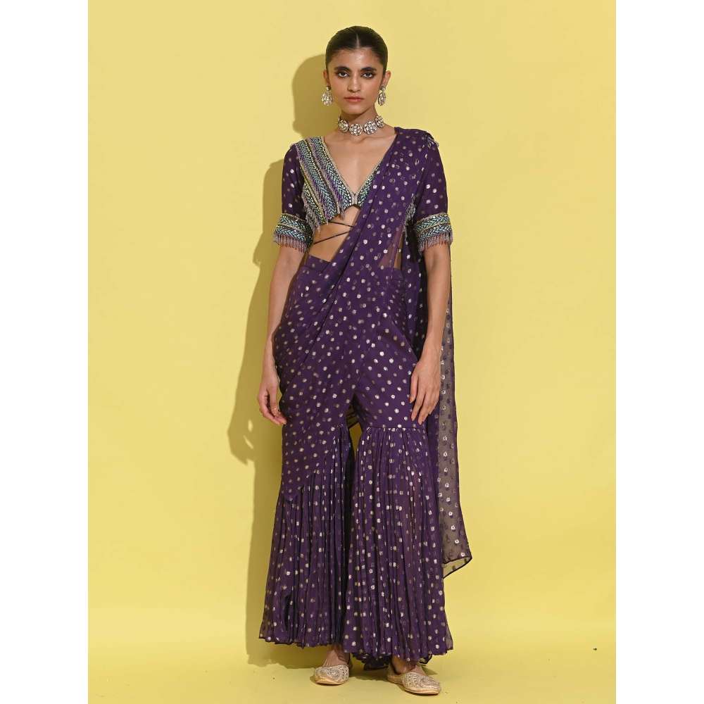 Rishi & Vibhuti Purple Berry Drape Attached Sharara with Blouse (Set of 2)