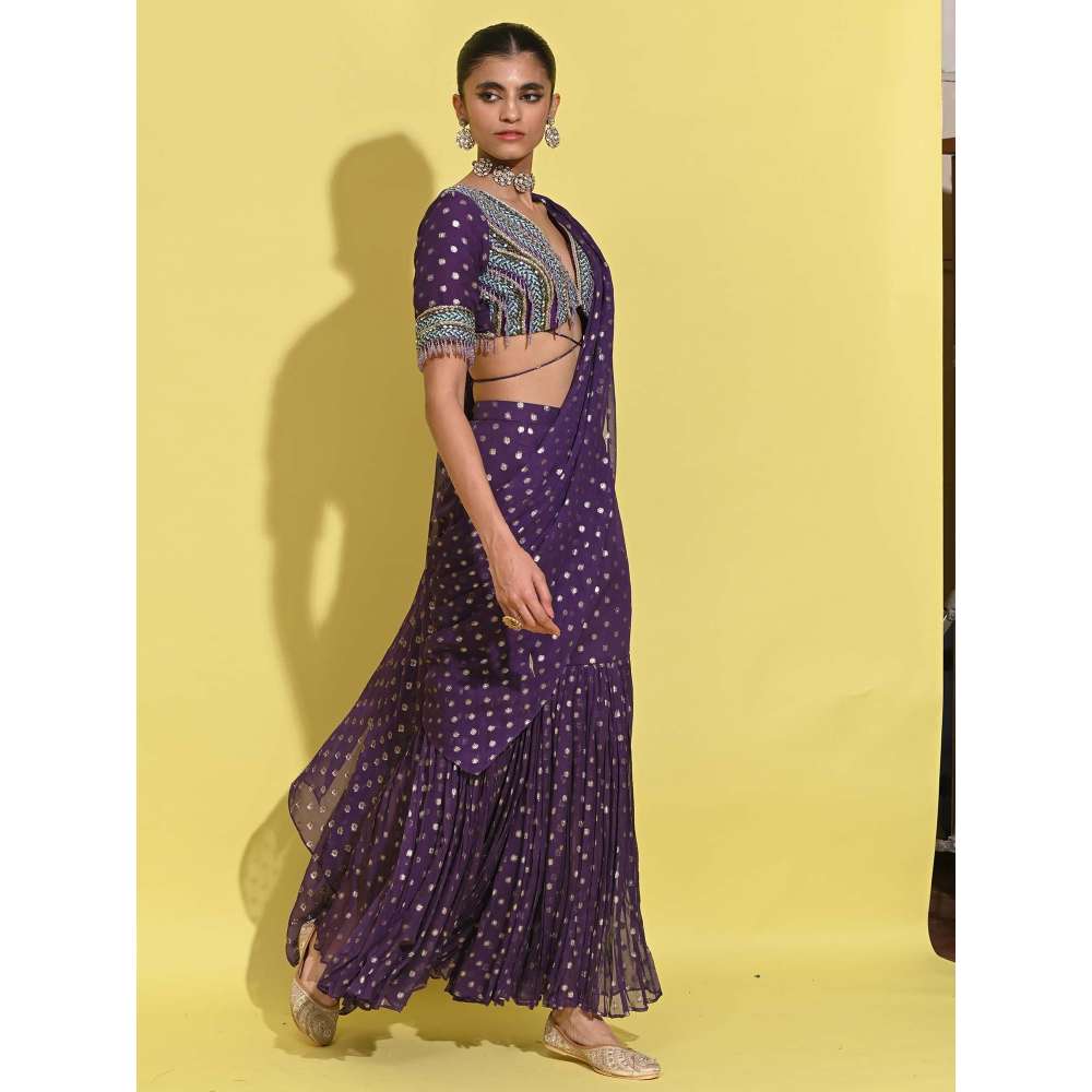 Rishi & Vibhuti Purple Berry Drape Attached Sharara with Blouse (Set of 2)