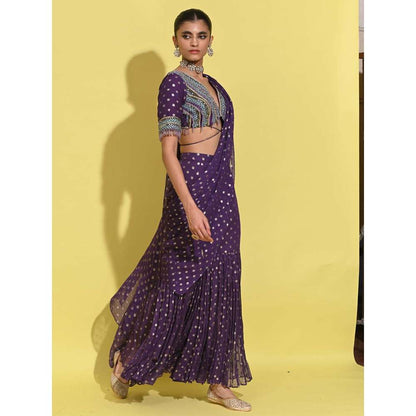 Rishi & Vibhuti Purple Berry Drape Attached Sharara with Blouse (Set of 2)