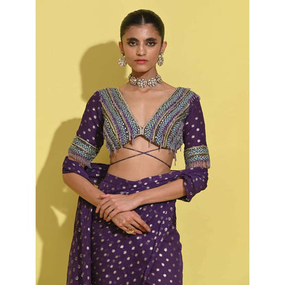Rishi & Vibhuti Purple Berry Drape Attached Sharara with Blouse (Set of 2)