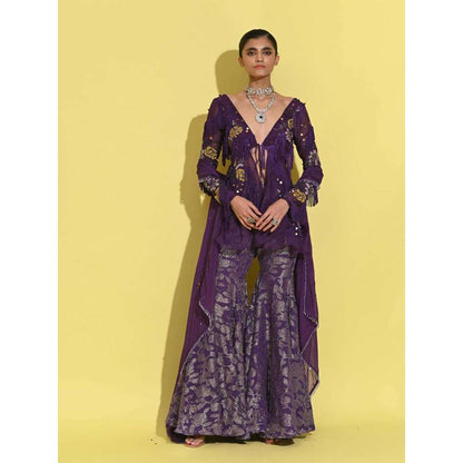 Rishi & Vibhuti Purple Berry Peplum Top with Sharara and Dupatta (Set of 3)