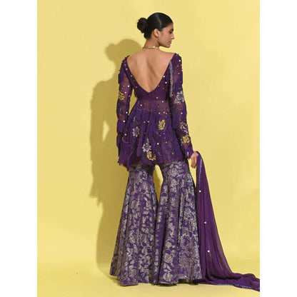Rishi & Vibhuti Purple Berry Peplum Top with Sharara and Dupatta (Set of 3)