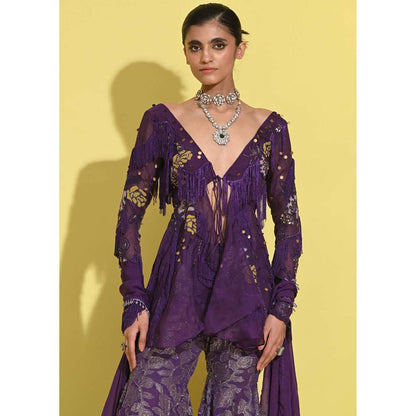 Rishi & Vibhuti Purple Berry Peplum Top with Sharara and Dupatta (Set of 3)