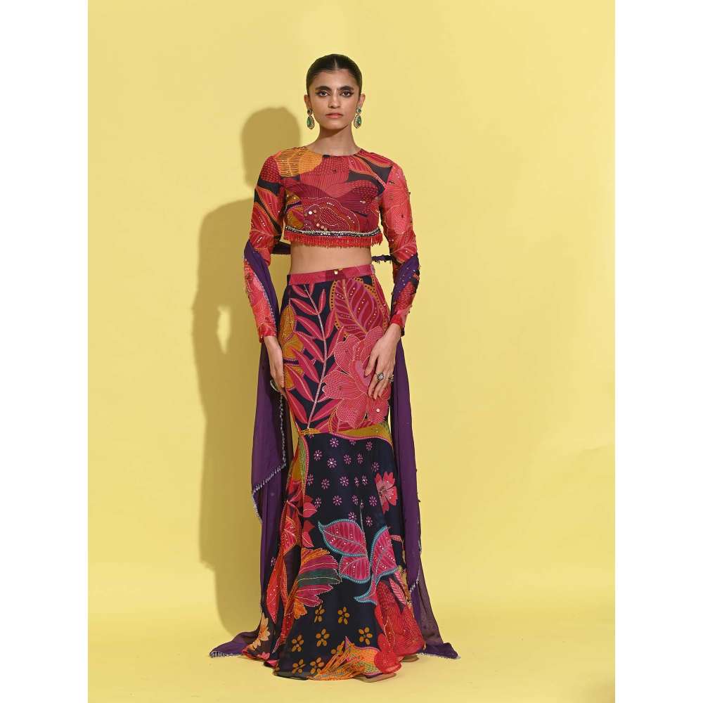 Rishi & Vibhuti Red Queen Blouse with Skirt and Dupatta (Set of 3)