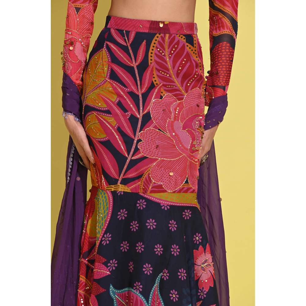 Rishi & Vibhuti Red Queen Blouse with Skirt and Dupatta (Set of 3)