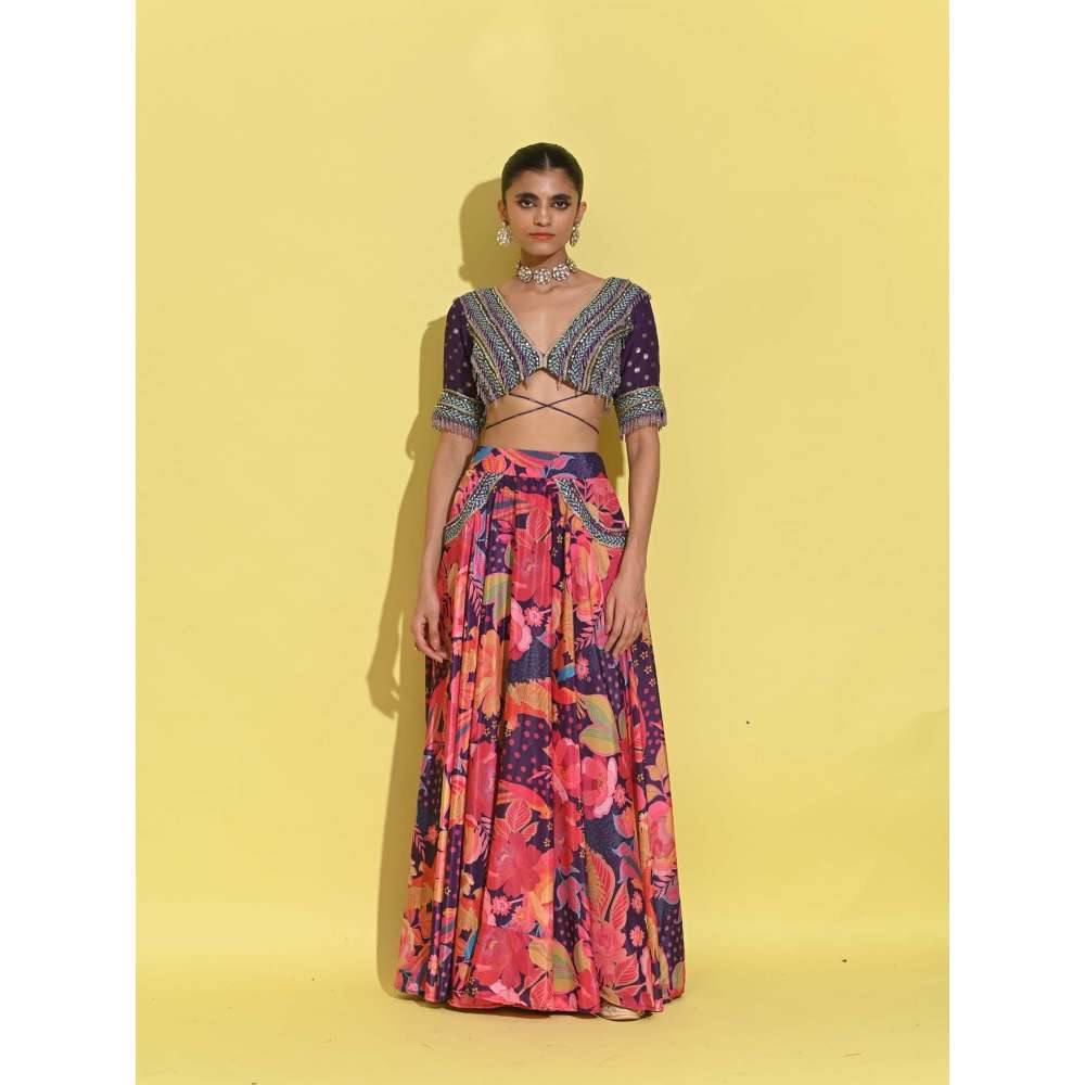 Rishi & Vibhuti Purple Berry Martini Blouse with Lehenga (Set of 2)