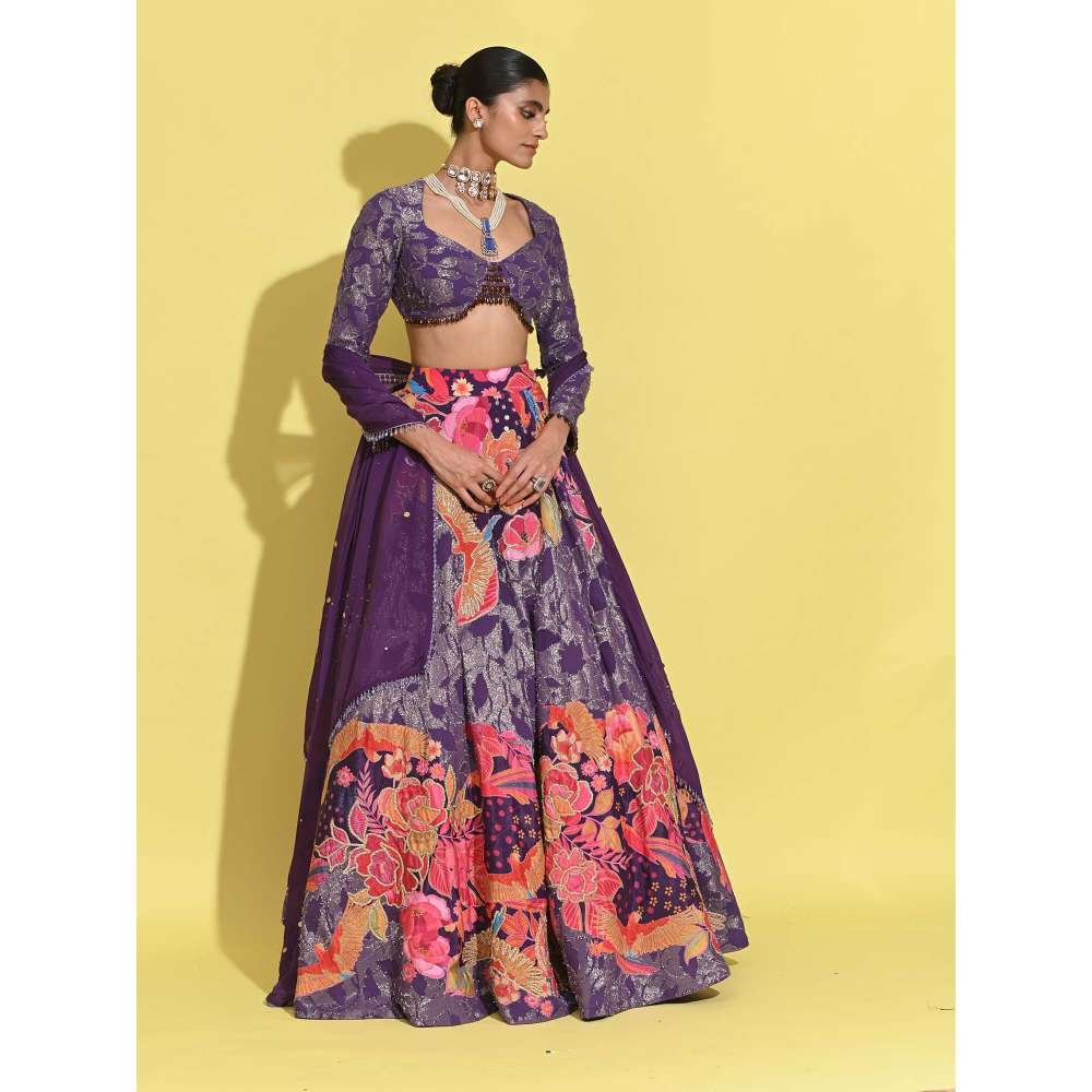 Rishi & Vibhuti Purple Ringen Piatra Blouse with Lehenga and Dupatta (Set of 3)