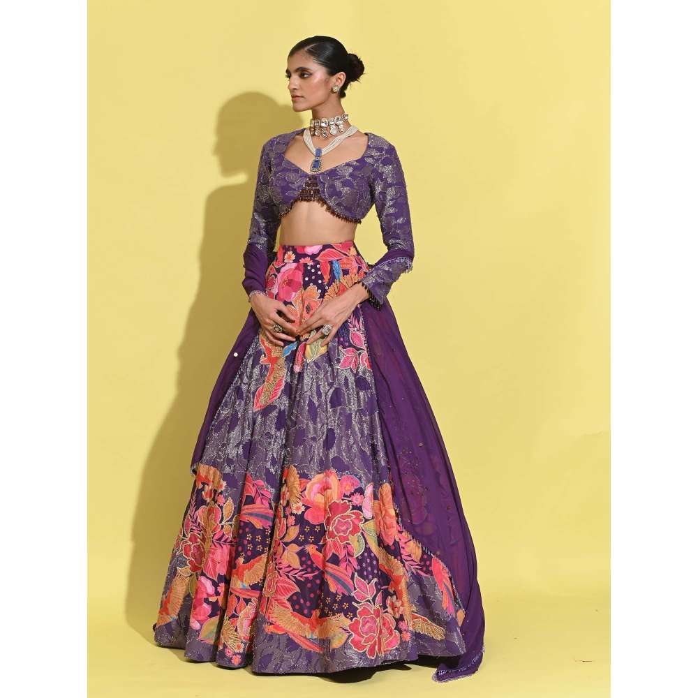 Rishi & Vibhuti Purple Ringen Piatra Blouse with Lehenga and Dupatta (Set of 3)