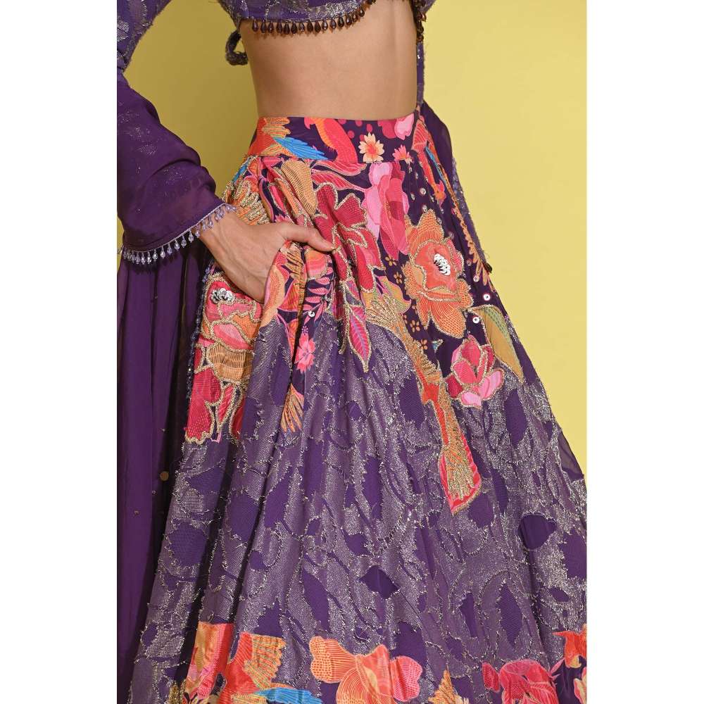 Rishi & Vibhuti Purple Ringen Piatra Blouse with Lehenga and Dupatta (Set of 3)