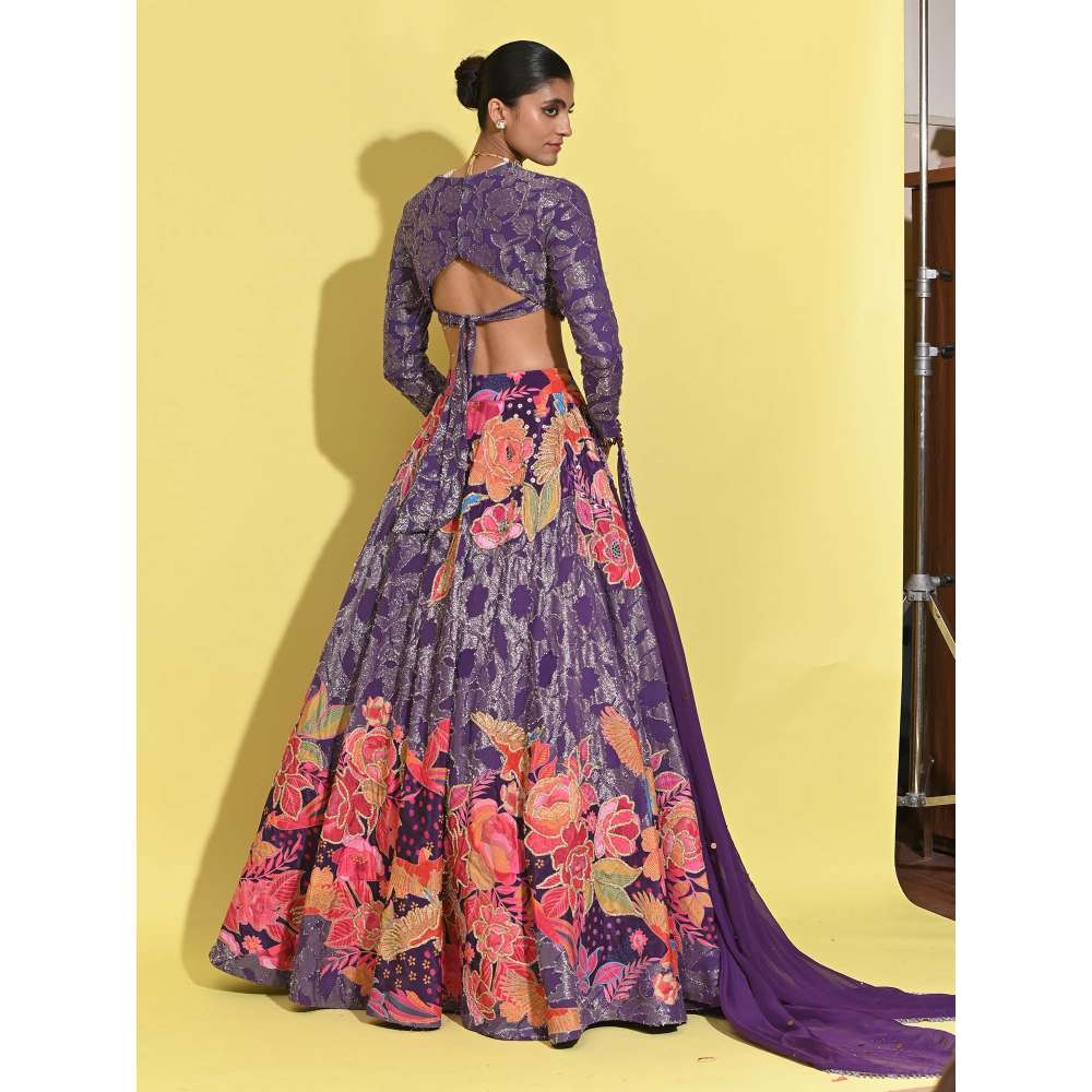 Rishi & Vibhuti Purple Ringen Piatra Blouse with Lehenga and Dupatta (Set of 3)