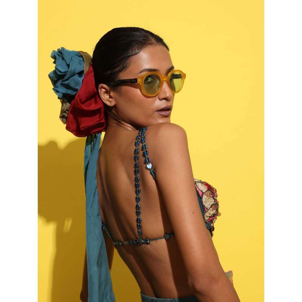 Rishi & Vibhuti Blue Beata Lehenga with Bralette (Set of 2)