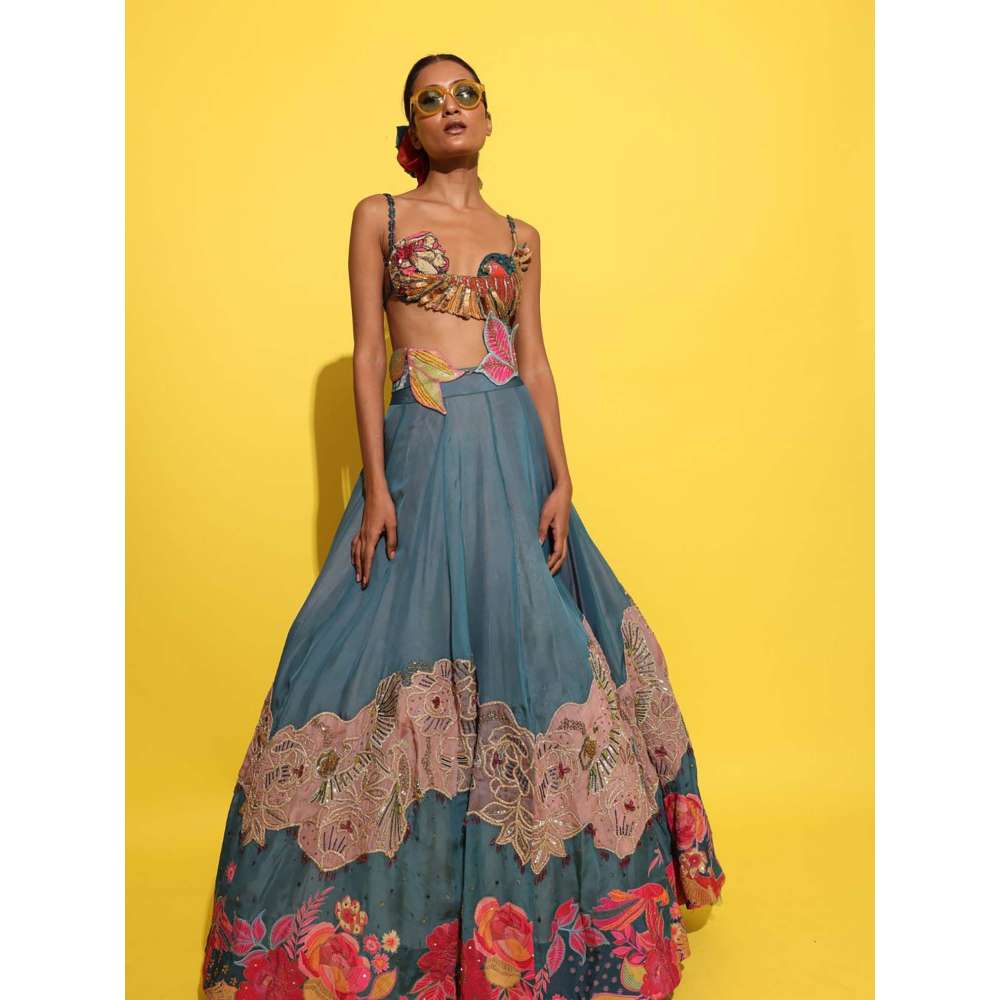Rishi & Vibhuti Blue Beata Lehenga with Bralette (Set of 2)