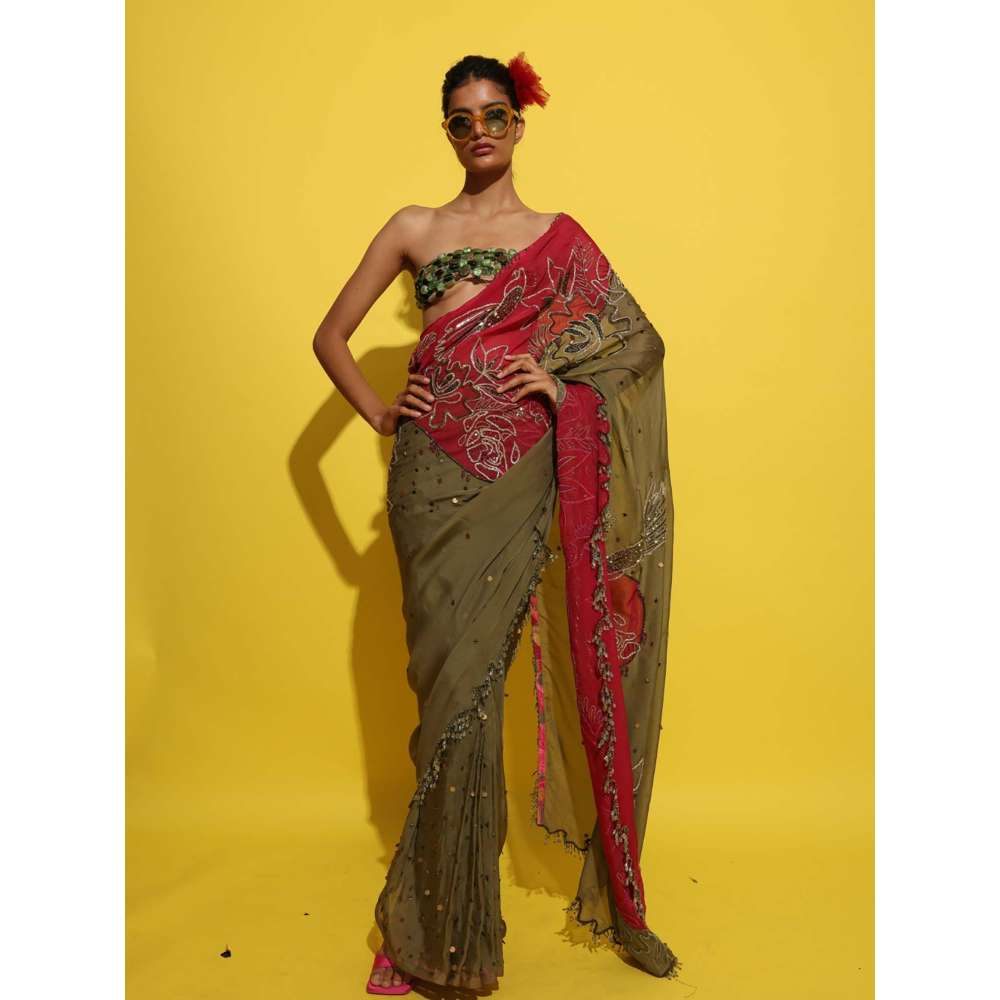 Rishi & Vibhuti Olive Janean Saree with Stitched Blouse