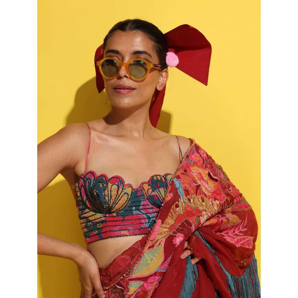 Rishi & Vibhuti Red Chak-Chak Pre-Draped Saree with Stitched Blouse