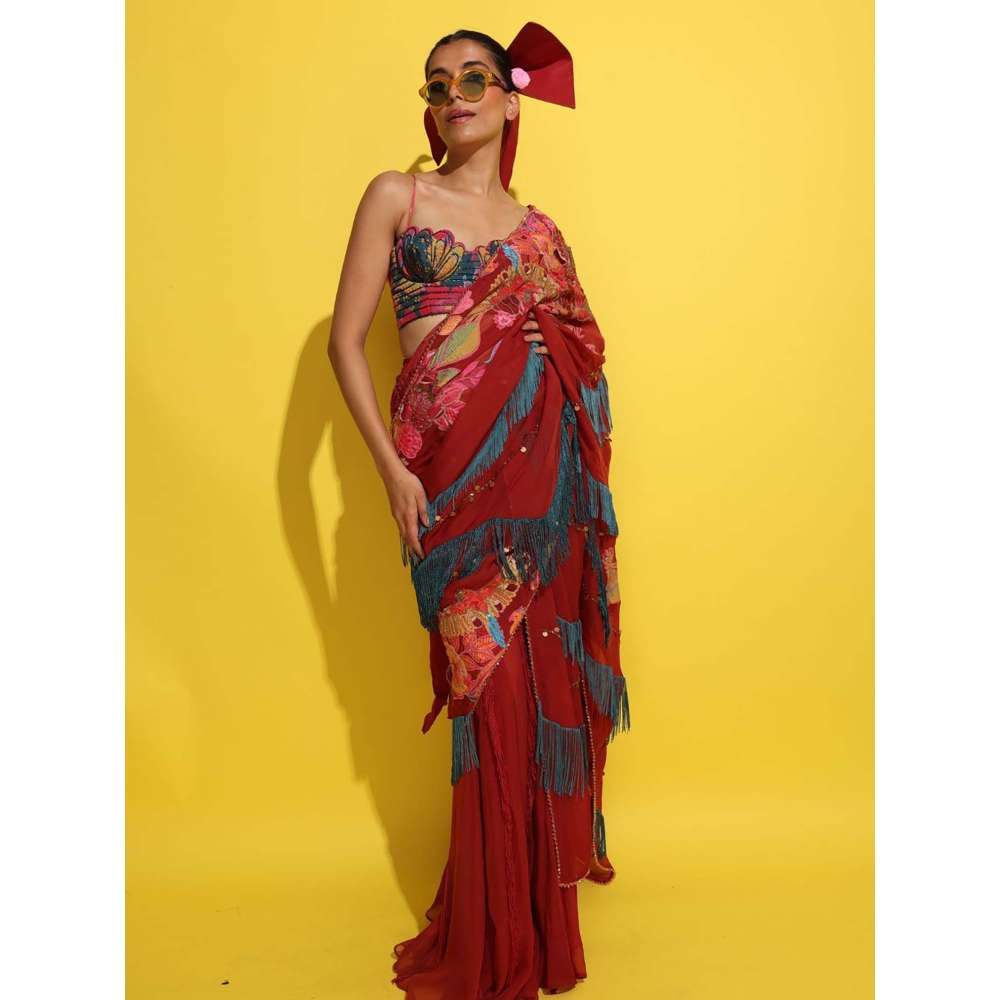 Rishi & Vibhuti Red Chak-Chak Pre-Draped Saree with Stitched Blouse