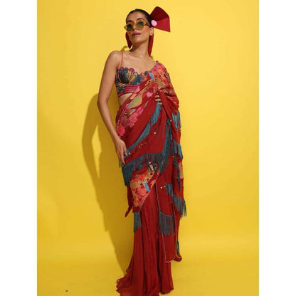 Rishi & Vibhuti Red Chak-Chak Pre-Draped Saree with Stitched Blouse