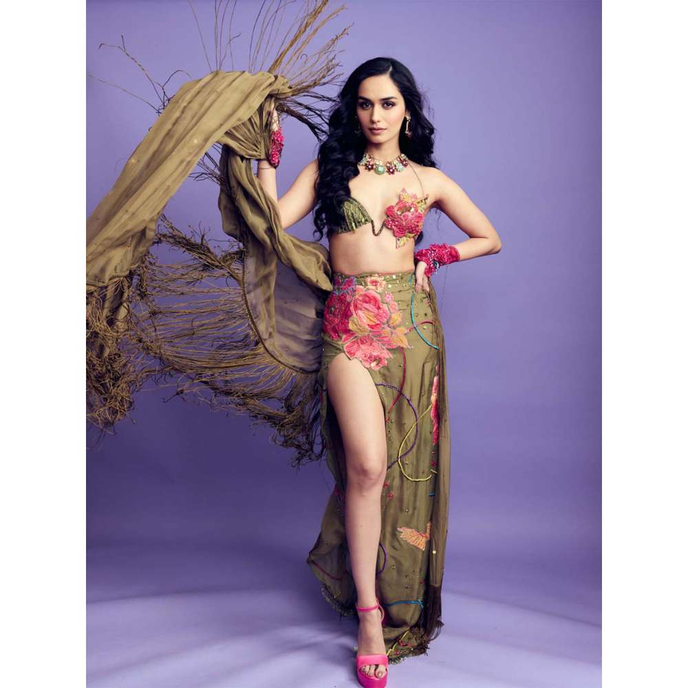 Rishi & Vibhuti Olive Mehbooba Bralette with Skirt and Dupatta (Set of 3)