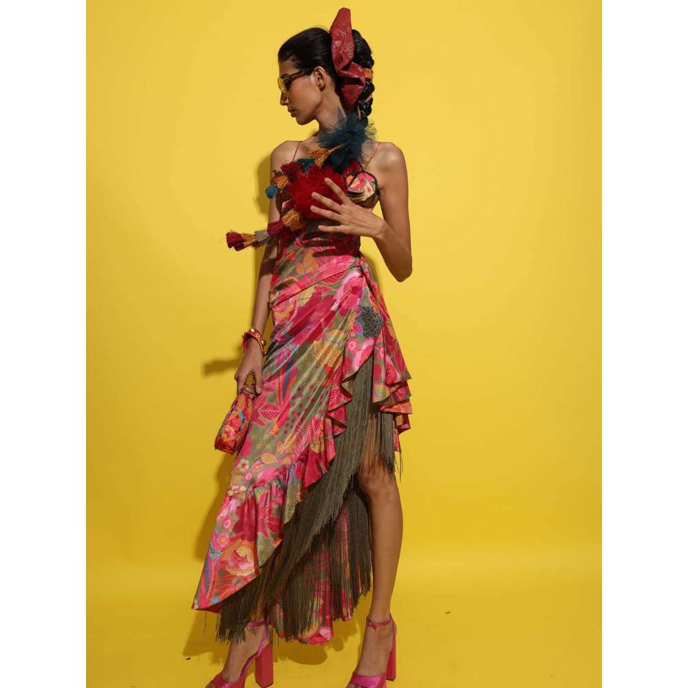 Rishi & Vibhuti Pink Cocktail Drape Maxi Dress