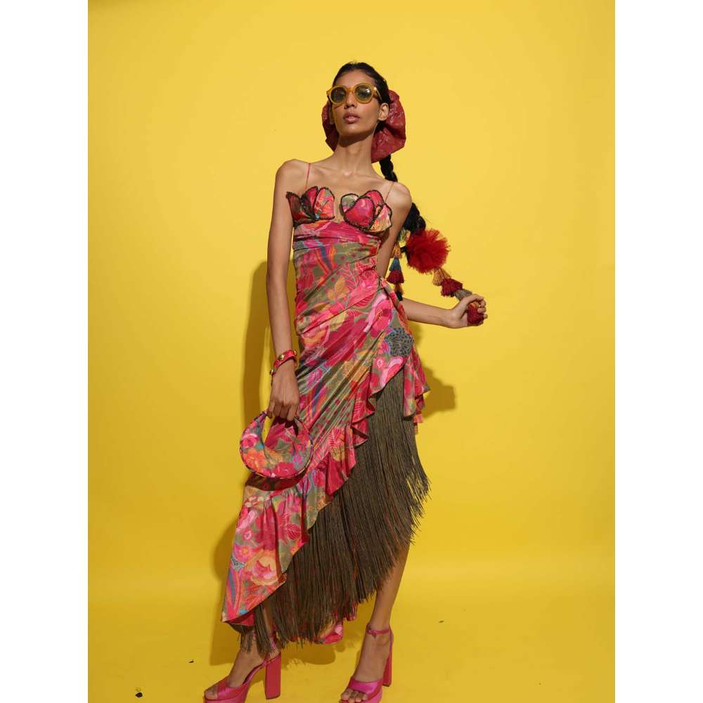 Rishi & Vibhuti Pink Cocktail Drape Maxi Dress
