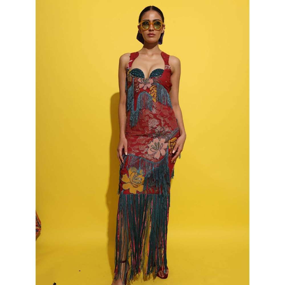 Rishi & Vibhuti Red Shira Fringed Maxi Dress