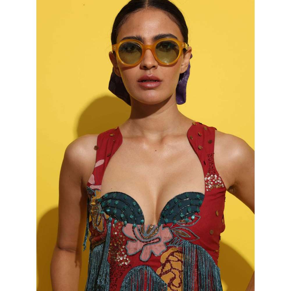 Rishi & Vibhuti Red Shira Fringed Maxi Dress