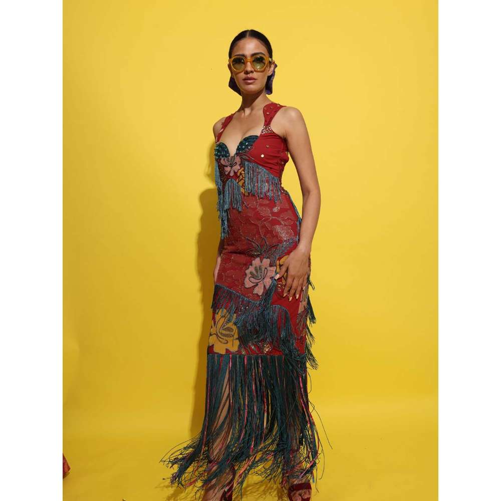 Rishi & Vibhuti Red Shira Fringed Maxi Dress