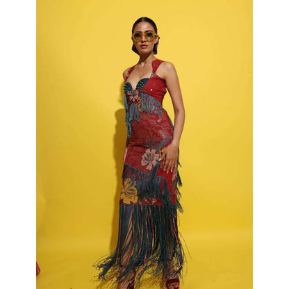 Rishi & Vibhuti Red Shira Fringed Maxi Dress