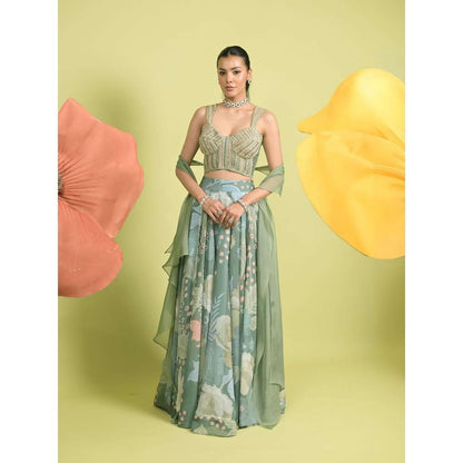 Rishi & Vibhuti Green Serene Majesty Skirt with Corset and Dupatta (Set of 3)