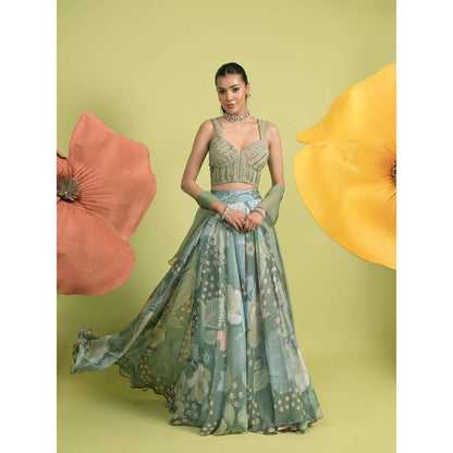Rishi & Vibhuti Green Serene Majesty Skirt with Corset and Dupatta (Set of 3)