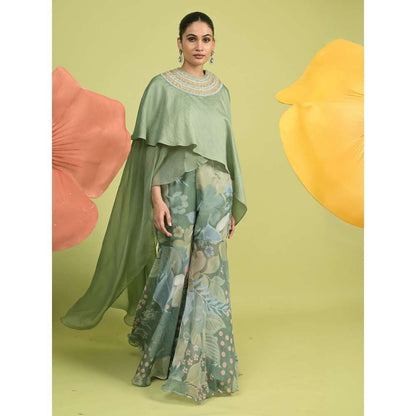 Rishi & Vibhuti Green Aurora Bloom Jacket with Sharara (Set of 2)