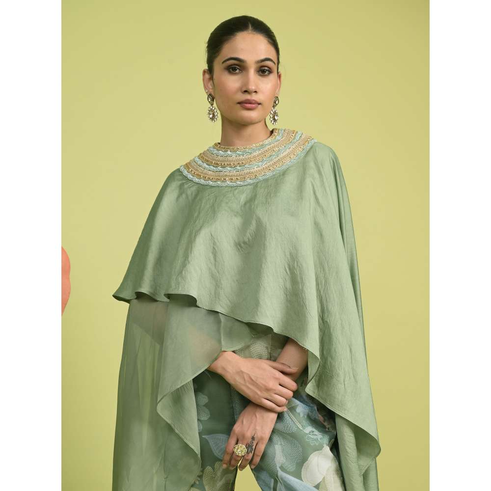 Rishi & Vibhuti Green Aurora Bloom Jacket with Sharara (Set of 2)