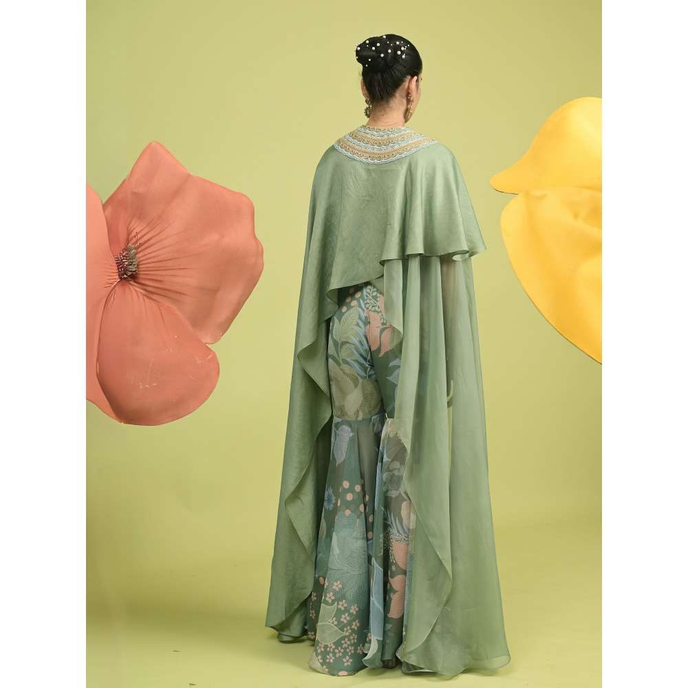 Rishi & Vibhuti Green Aurora Bloom Jacket with Sharara (Set of 2)