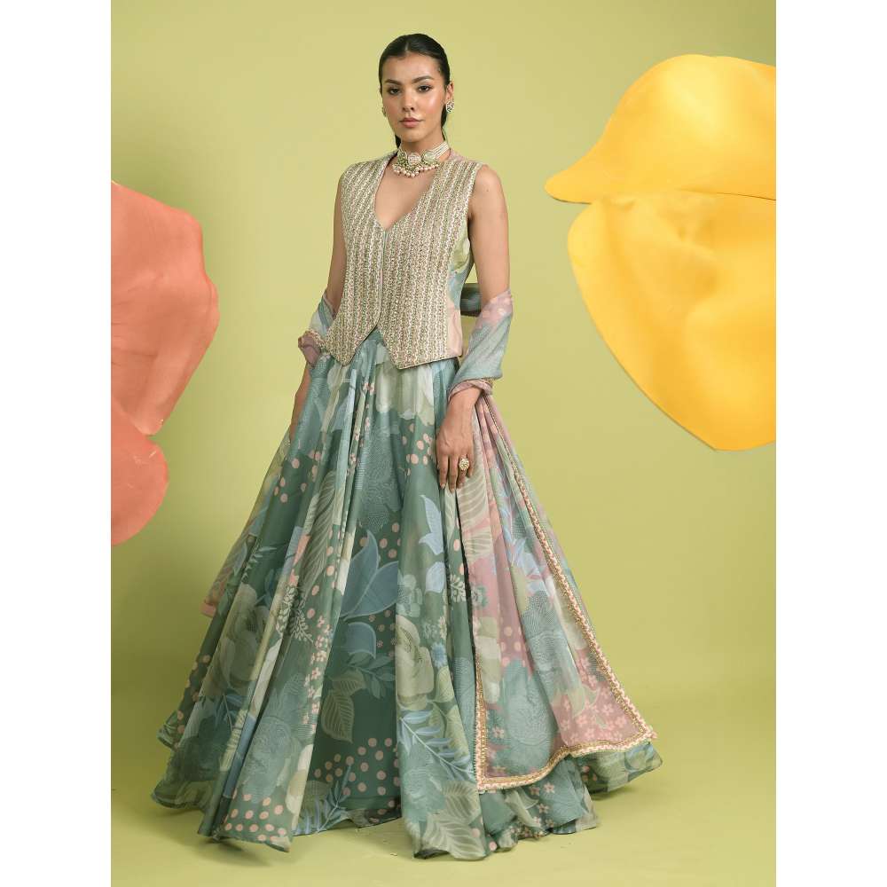 Rishi & Vibhuti Green Meadow Luxe Lehenga with Waistcoat and Dupatta (Set of 3)