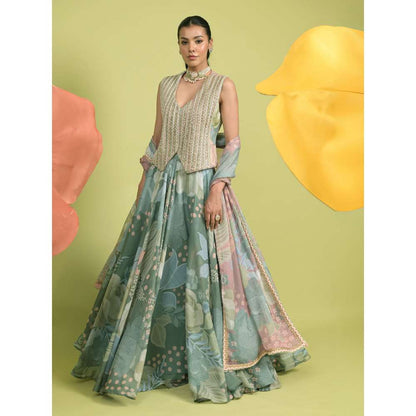 Rishi & Vibhuti Green Meadow Luxe Lehenga with Waistcoat and Dupatta (Set of 3)