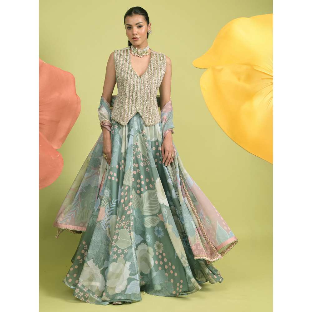 Rishi & Vibhuti Green Meadow Luxe Lehenga with Waistcoat and Dupatta (Set of 3)