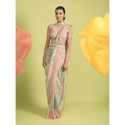 Rishi & Vibhuti Pink Blossom Pre-Draped Saree with Barlette