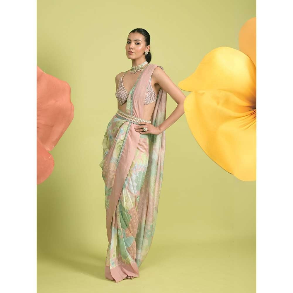 Rishi & Vibhuti Pink Blossom Pre-Draped Saree with Barlette