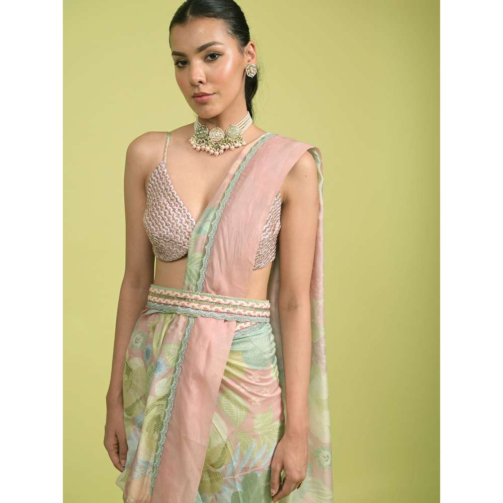 Rishi & Vibhuti Pink Blossom Pre-Draped Saree with Barlette