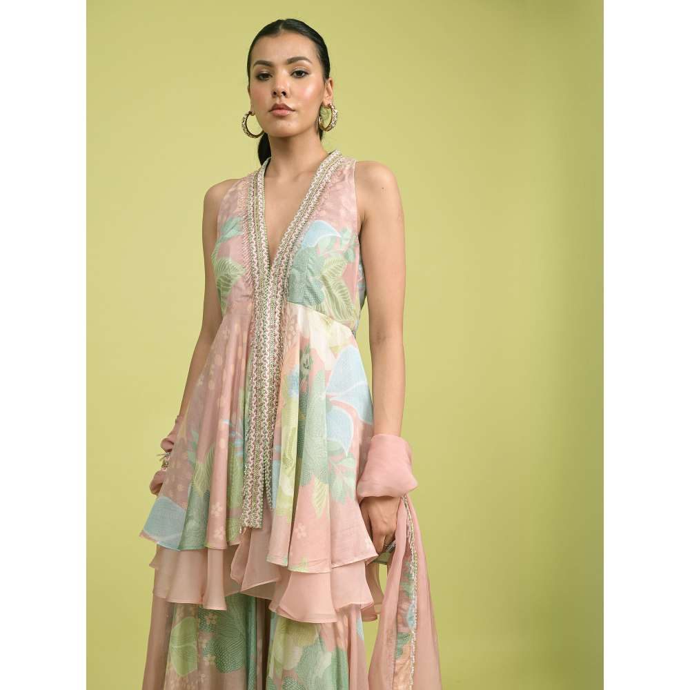 Rishi & Vibhuti Pink Misty Rose Peplum Top with Sharara and Dupatta (Set of 3)