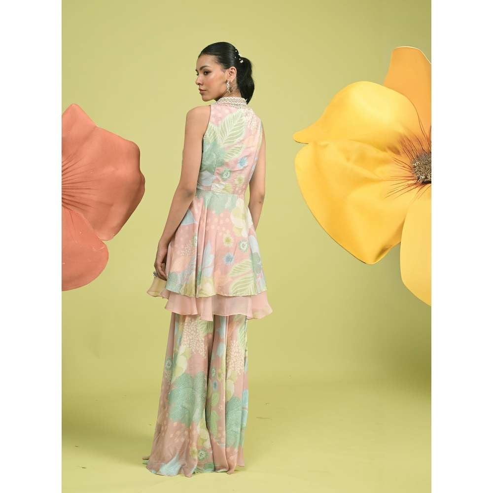 Rishi & Vibhuti Pink Misty Rose Peplum Top with Sharara and Dupatta (Set of 3)