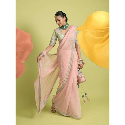 Rishi & Vibhuti Pink Elysian Saree with Stitched Blouse and Petticoat