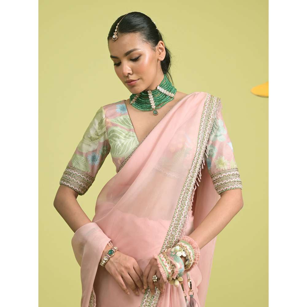 Rishi & Vibhuti Pink Elysian Saree with Stitched Blouse and Petticoat