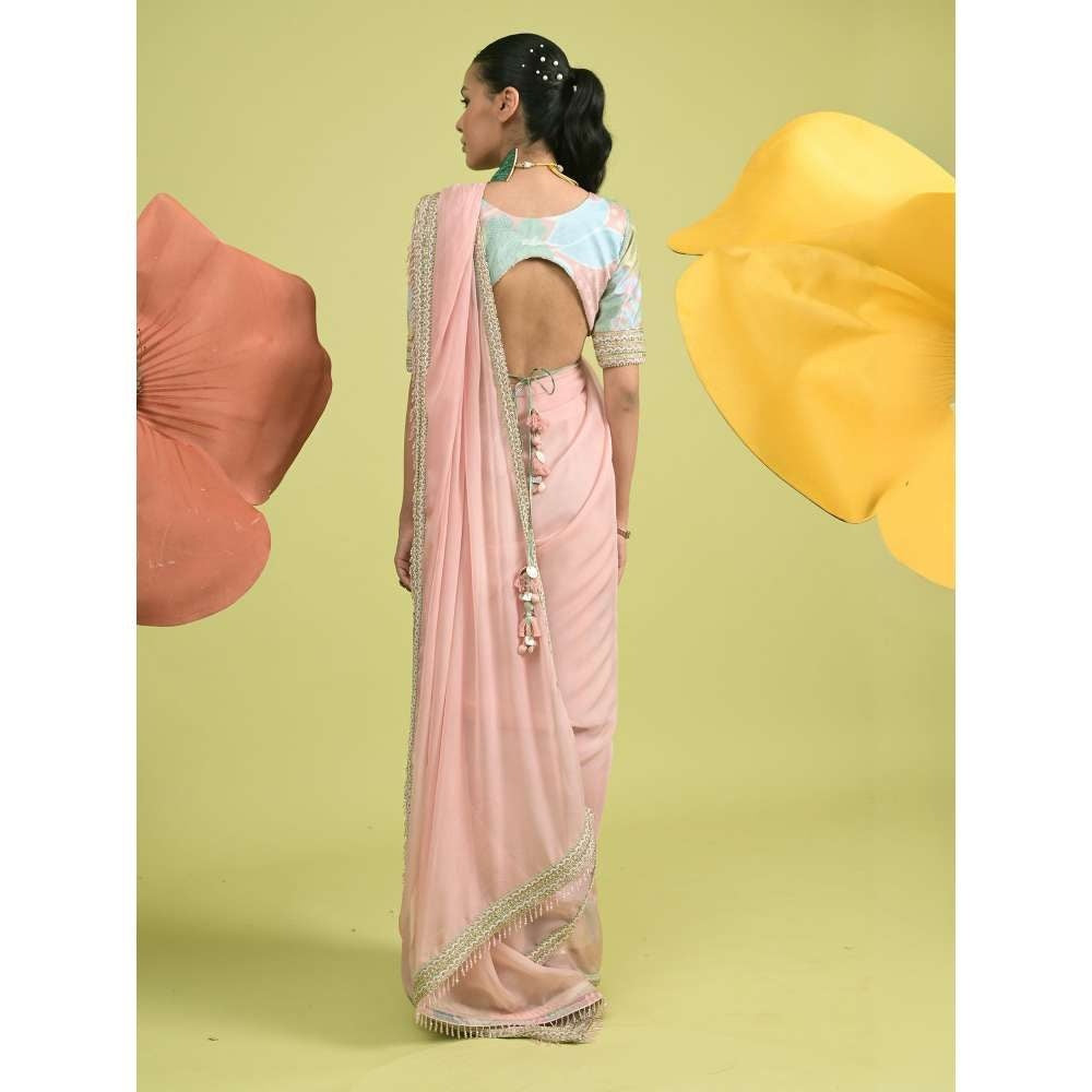 Rishi & Vibhuti Pink Elysian Saree with Stitched Blouse and Petticoat